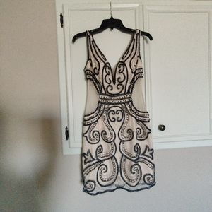 GB very elegant beige with blue and silver beads dress, Size 5